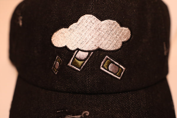 Black Distressed Denim Money Cloud (Abundance Symbol) Dad Hat